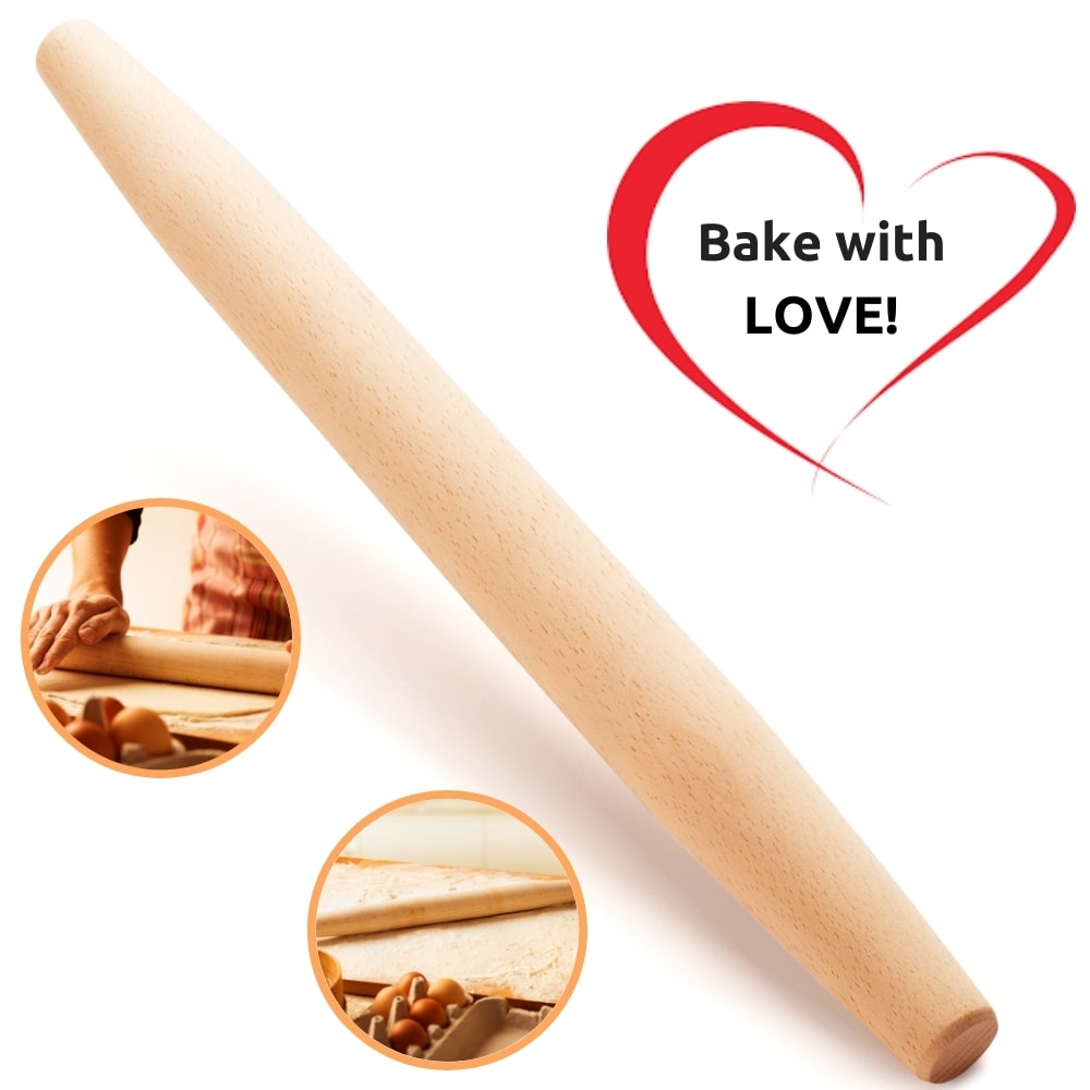 Mr. Woodware - French Wooden Rolling Pin 18″ x 1.55″ for Baking Pizza Pastry Dough, Pie Crust & Cookie