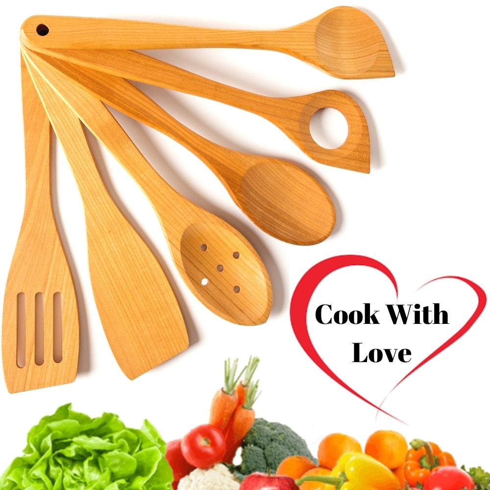 Mr. Woodware - 6 Natural Wooden Cooking Utensils 12″ Inch - Healthy Kitchen Utensil Set
